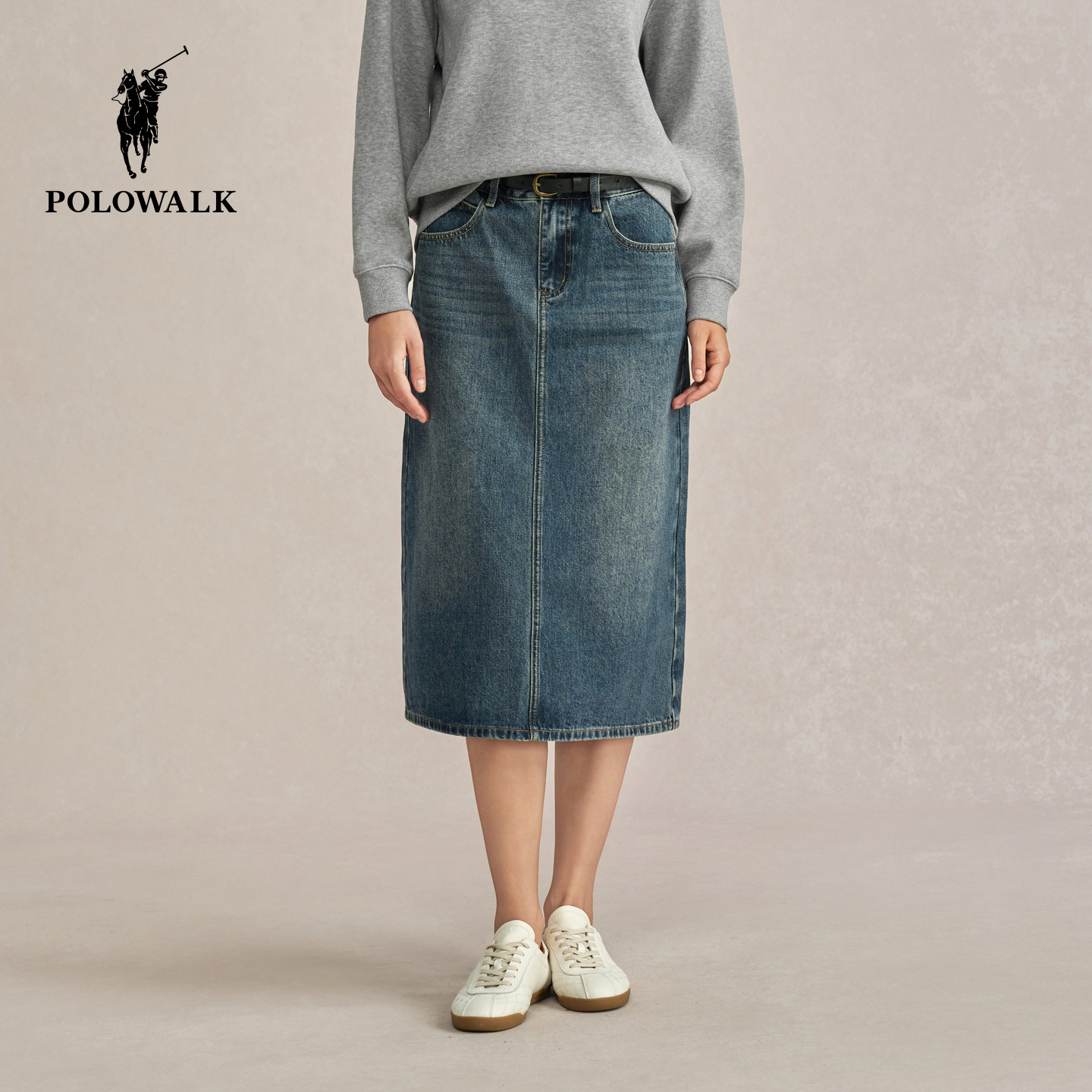 POLOWALK女式半裙2025秋冬裤新品女装时尚百搭直筒中腰牛