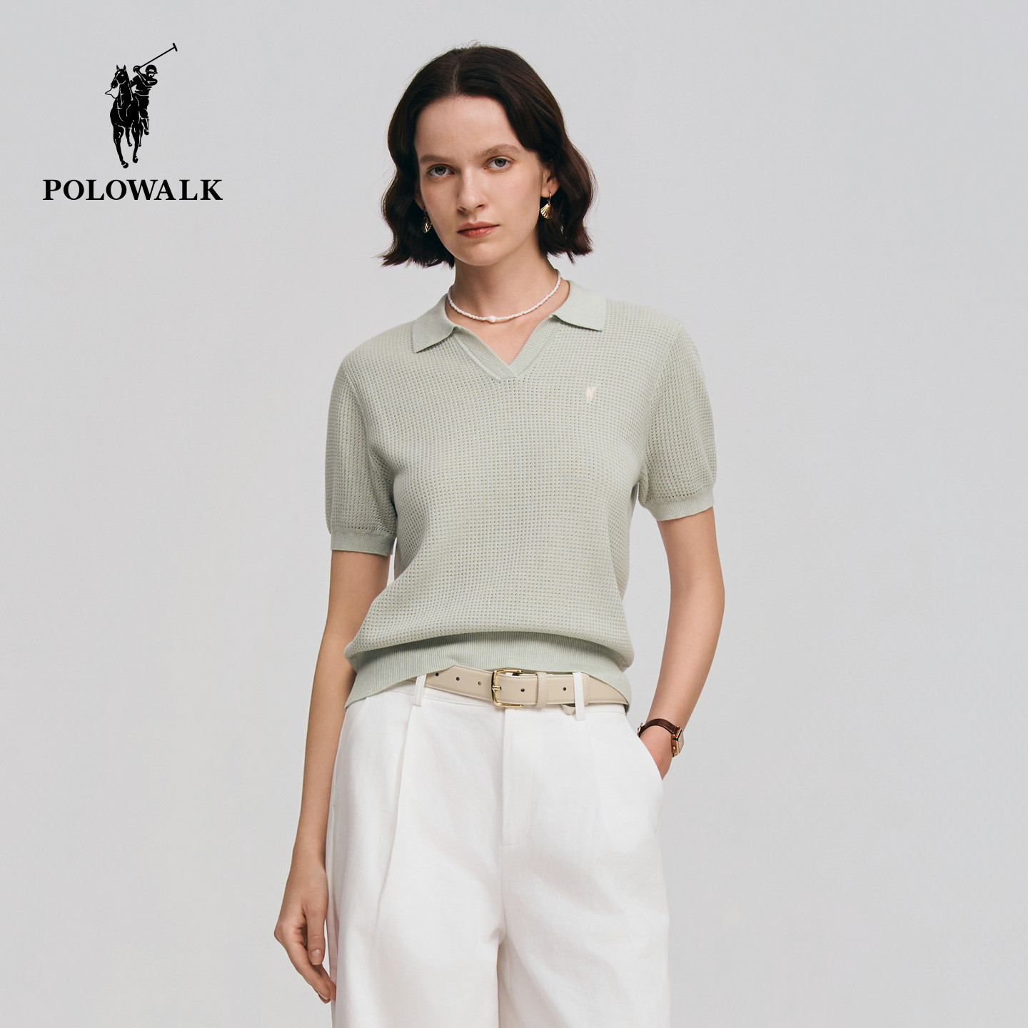 POLOWALK女式短袖针织衫2026春季新品V领亚麻混纺编织镂空上衣