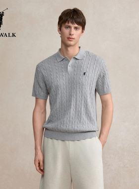 POLOWALK男式短袖针织衫2025秋季新品绞花翻领显瘦套头上衣百搭男