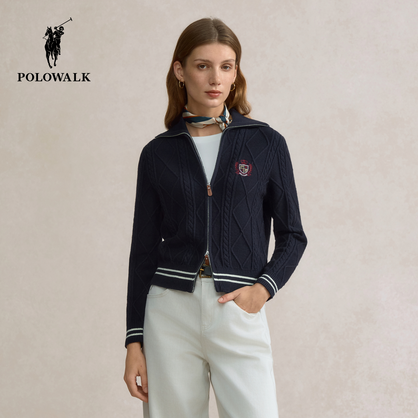 POLOWALK女式长袖针织衫2025秋季新品翻领开衫绞花纹理简约外套