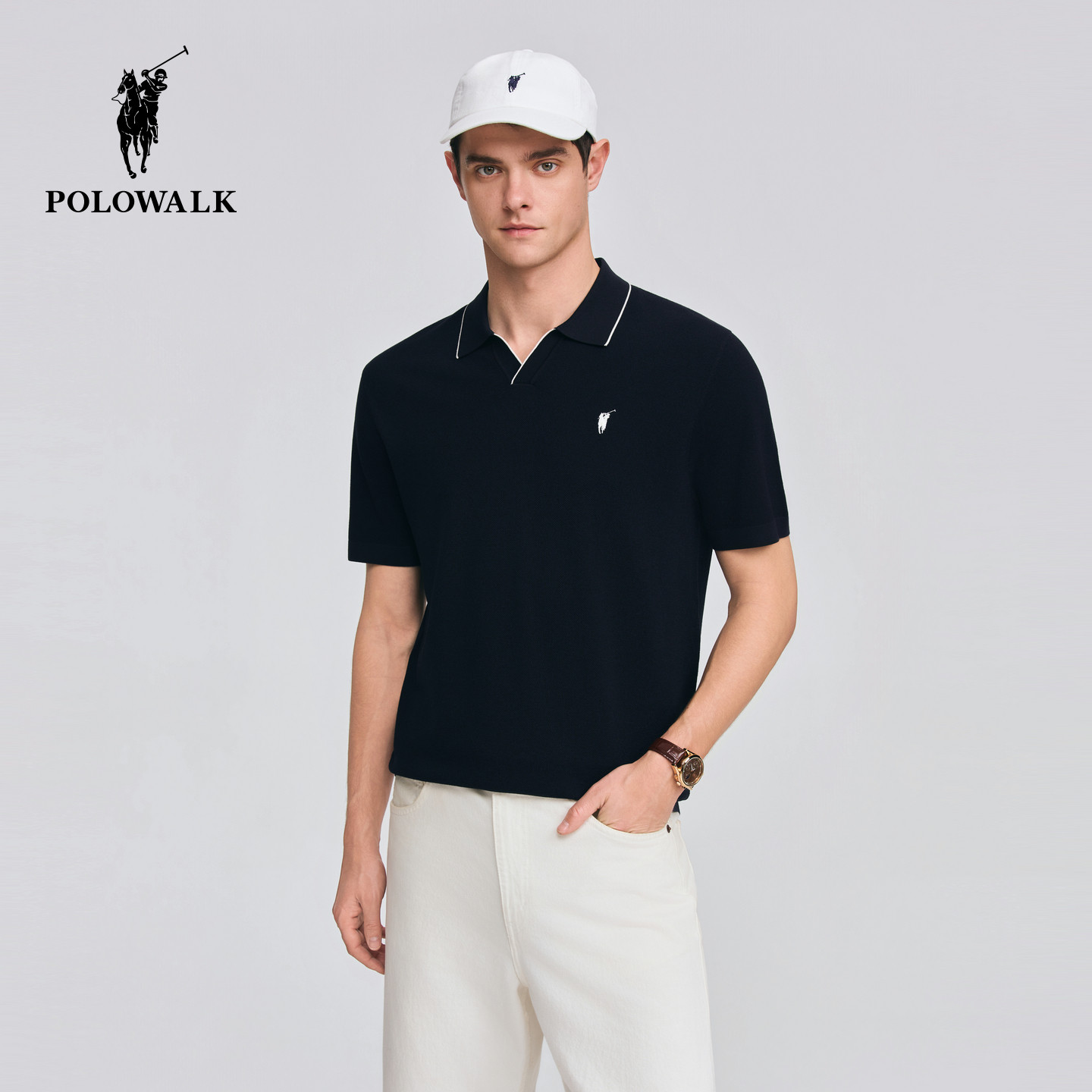 POLOWALK男式短袖针织衫2026春季新品经典简约V领短袖套头针织衫