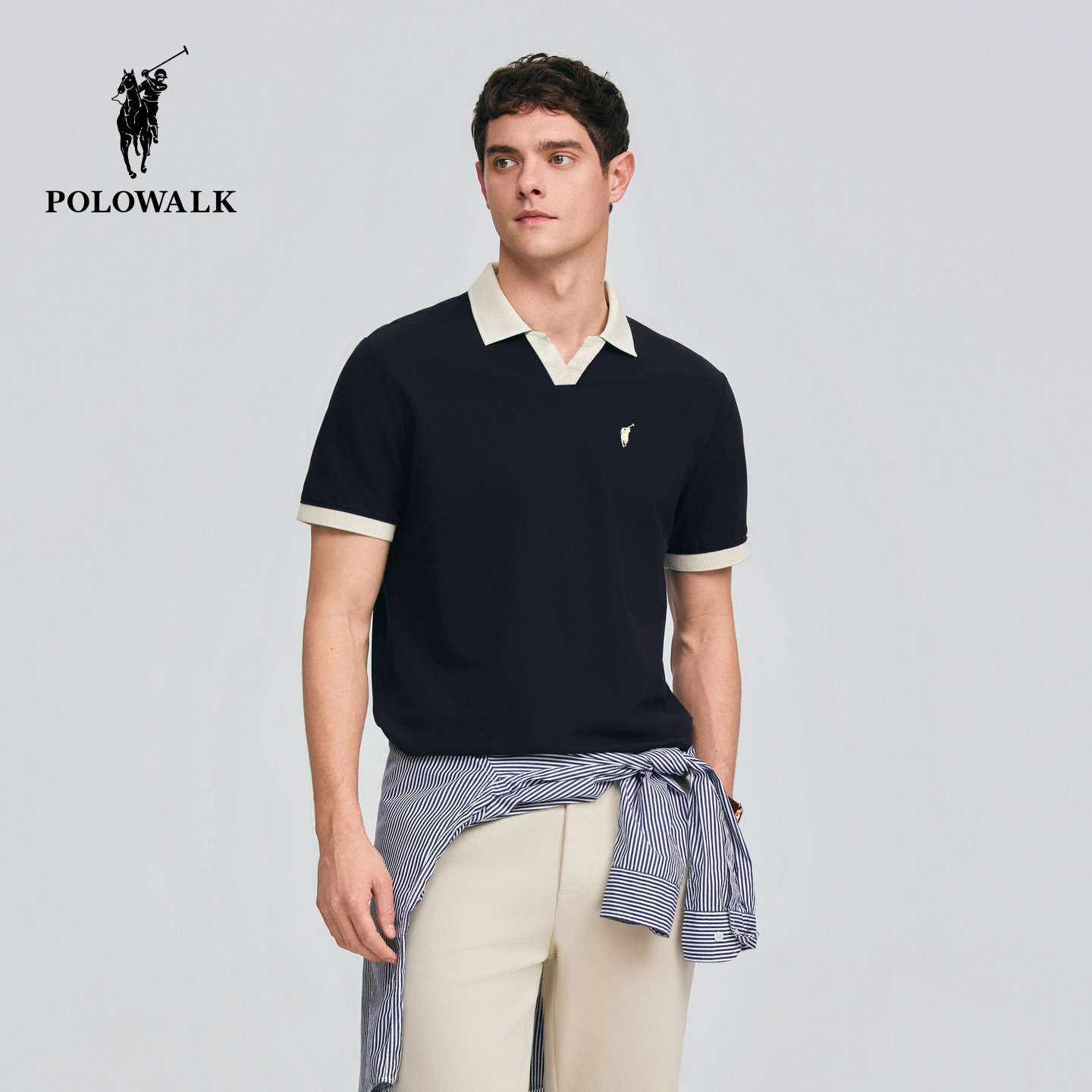 POLOWALK男式短袖POLO衫2026春季新品撞色剪刀领短袖商务POLO衫