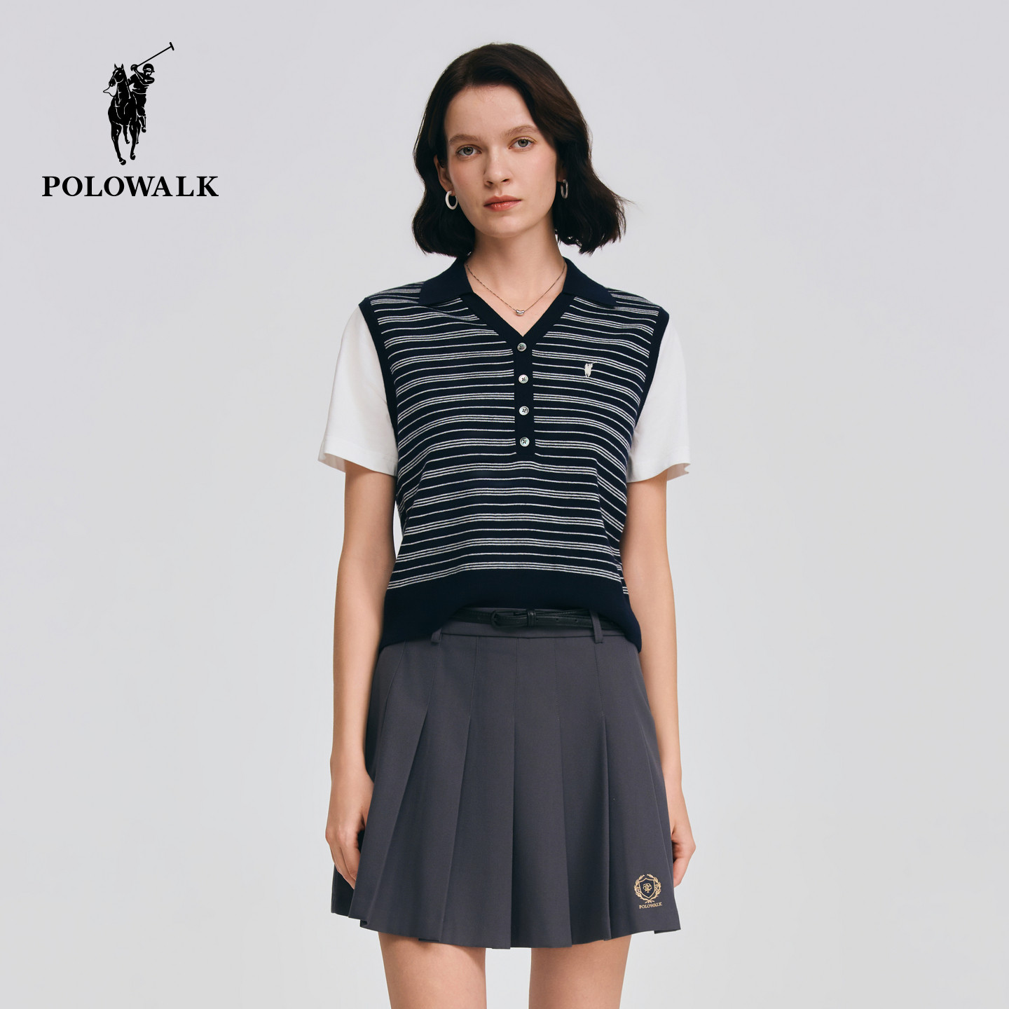 POLOWALK女式短袖针织衫2026春季新品翻领假两件V领条纹针织上衣