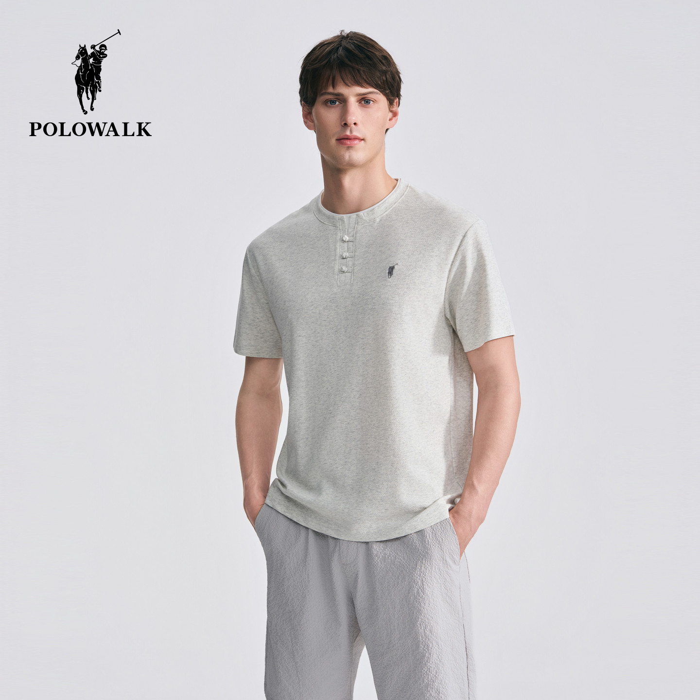 POLOWALK男式短袖圆领T恤2026夏季新品时尚百搭通勤双层领休闲T恤