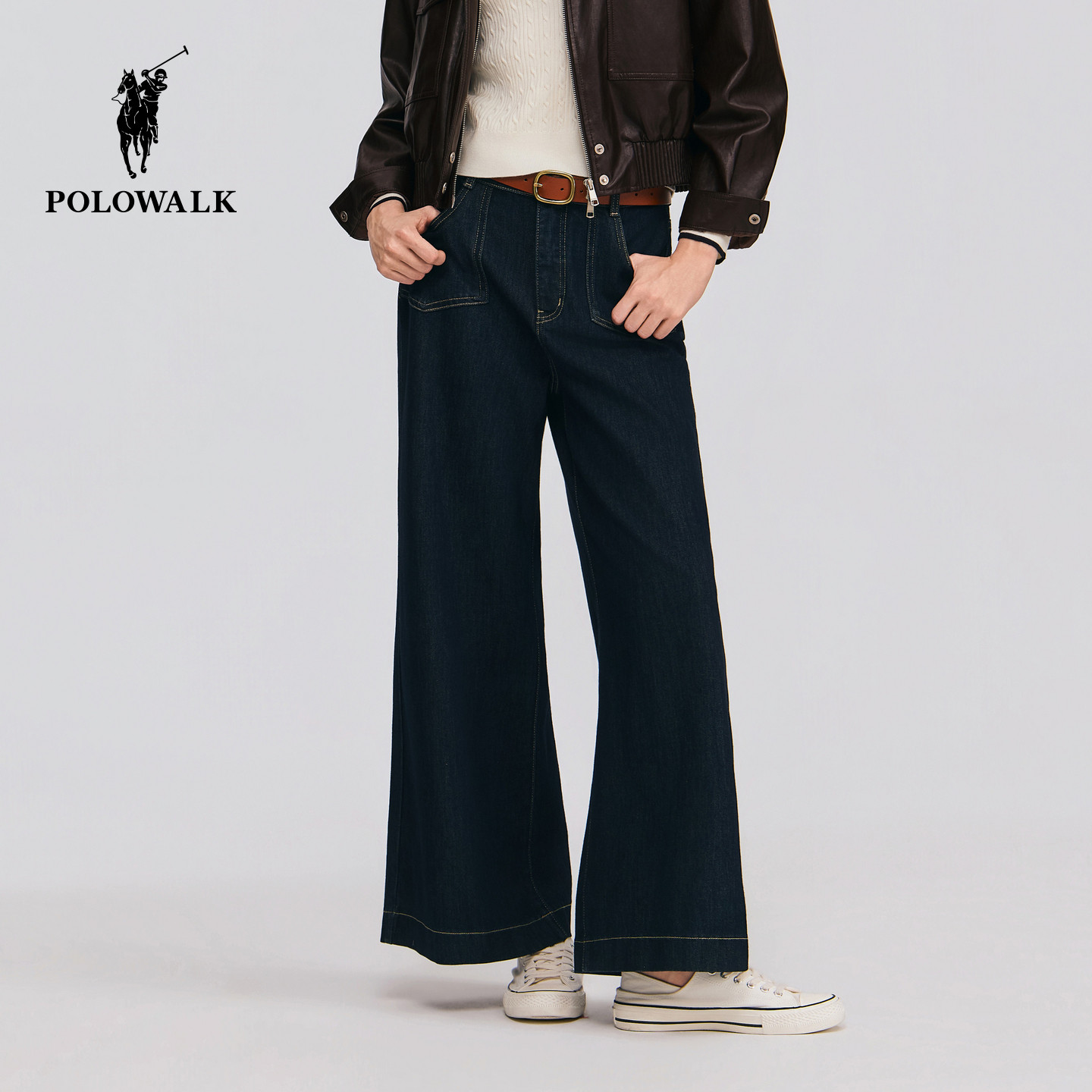 POLOWALK女式牛仔裤2026春夏裤新品女装直筒显瘦潮流阔腿牛仔长裤