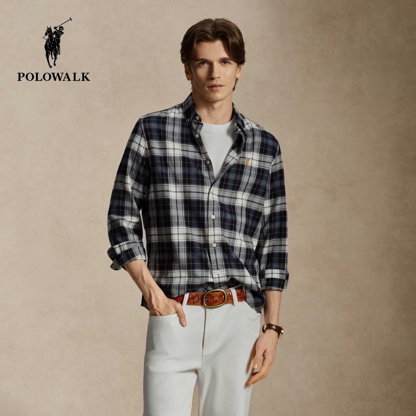【100%棉】POLOWALK男式长袖衬衫2026秋季新品复古撞色格纹衬衣