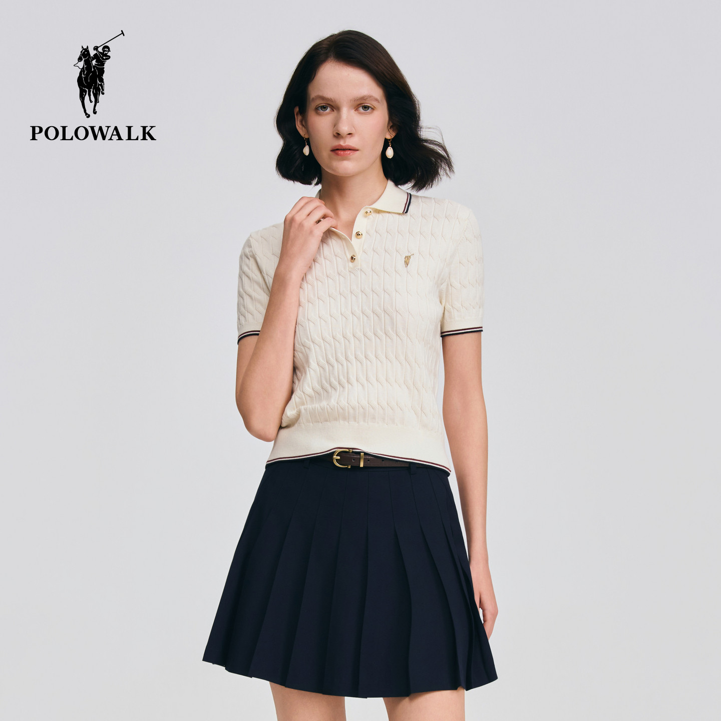 POLOWALK女式短袖针织衫2026春季新品翻领绞花套头休闲通勤针织衫