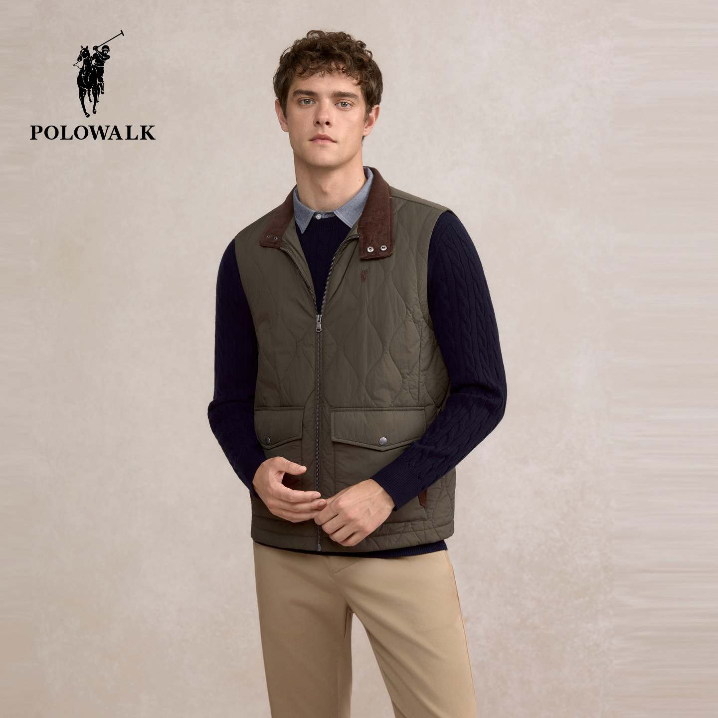 POLOWALK男式马甲2025冬季新品时尚复古立领菱格马甲男装