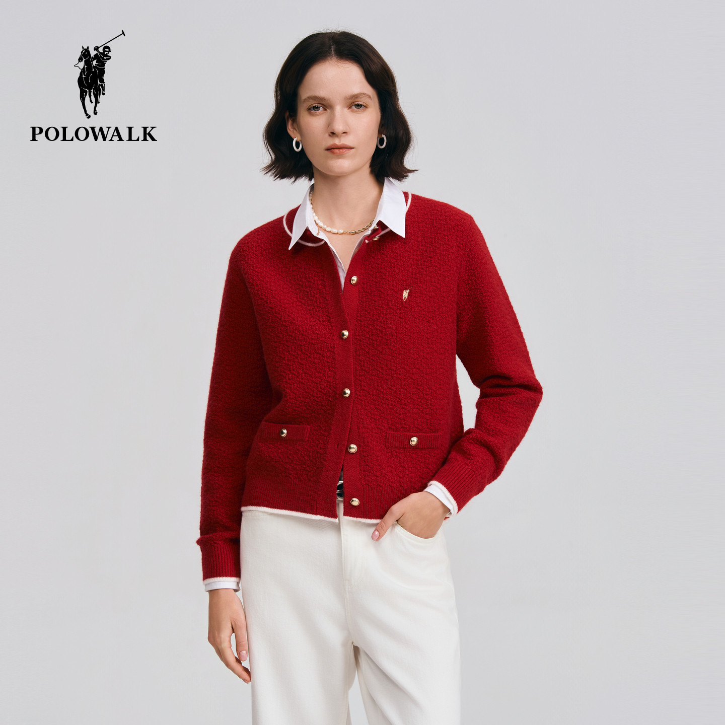 【红色款】POLOWALK女式长袖针织衫2026秋季新品圆领红色针织开衫