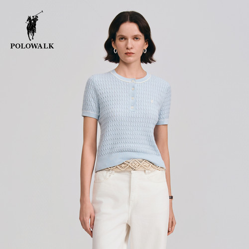 POLOWALK女士短袖针织衫2026夏季新品圆领针织绞花显瘦短袖上衣女