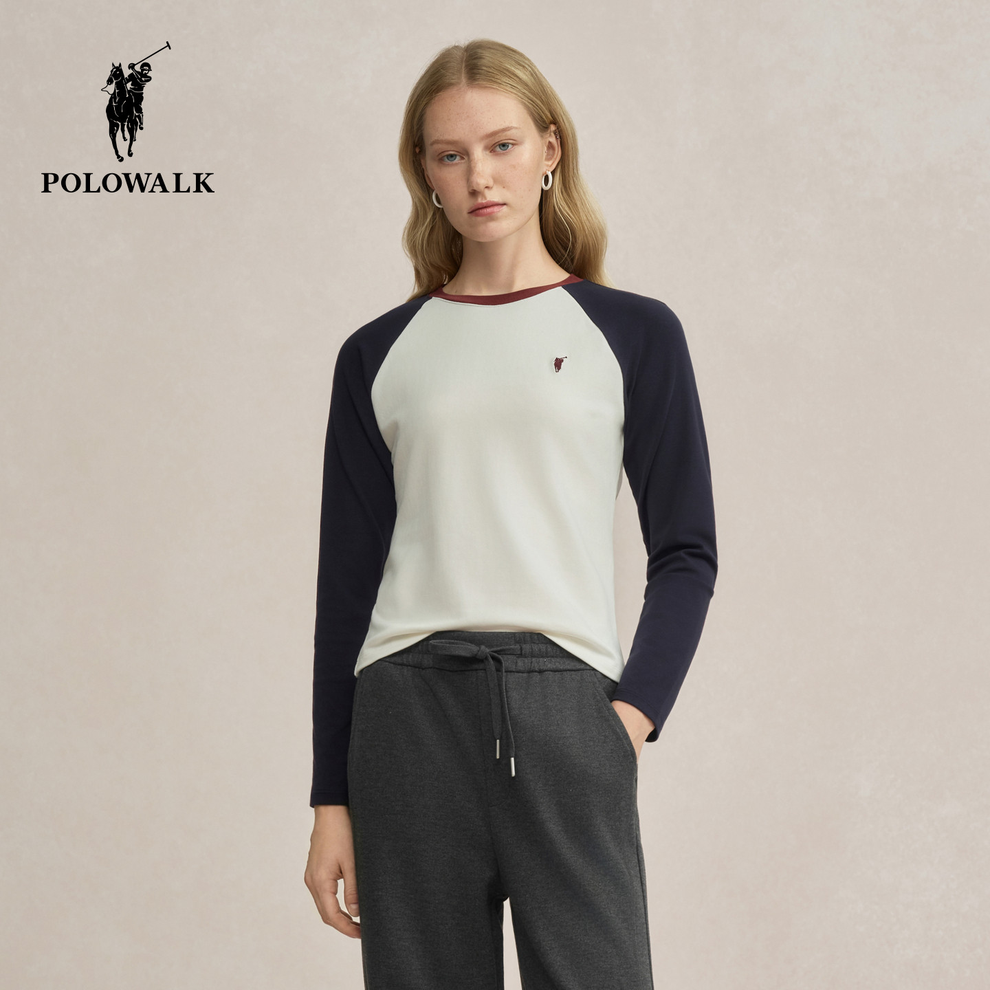POLOWALK女式长袖T恤2025秋季新品时尚撞色百搭休闲套头