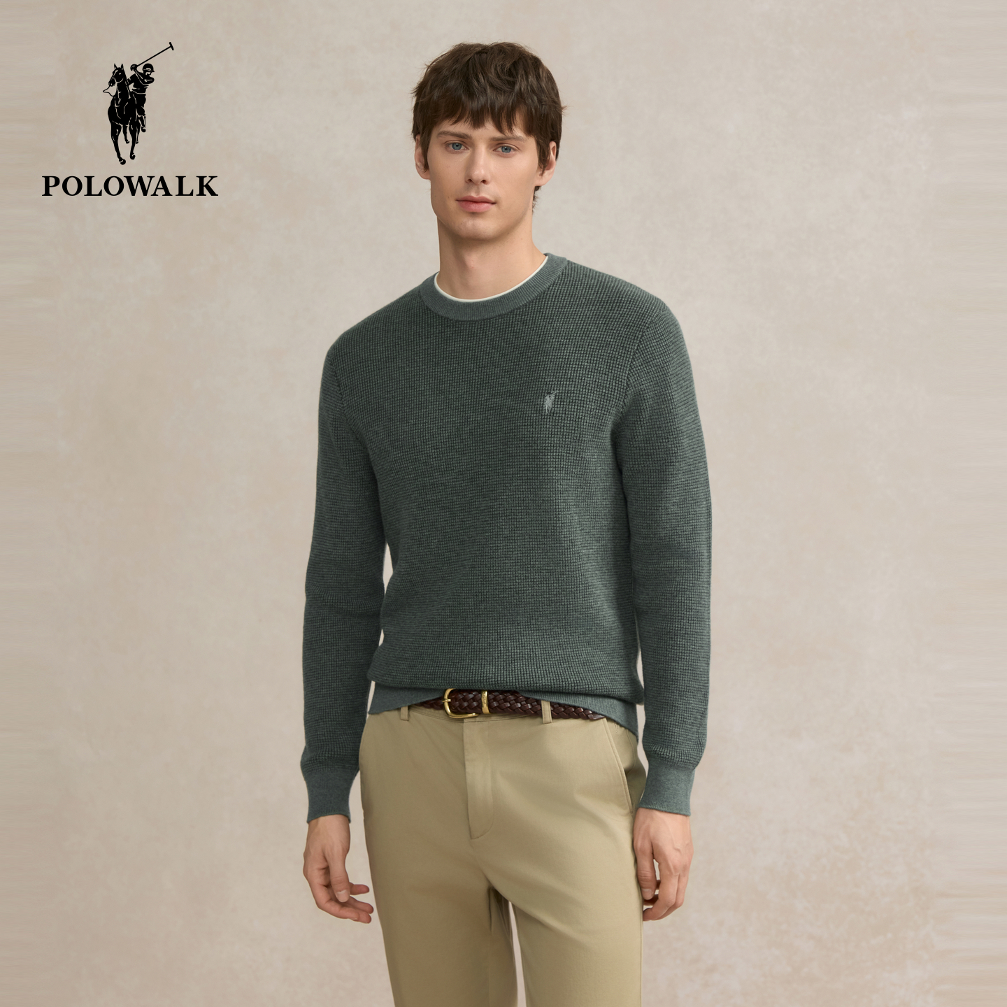 【100%绵羊毛】POLOWALK男式圆领羊毛衫2025冬季新品套头打底衫男
