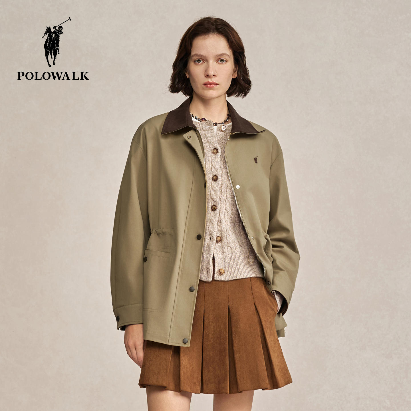 POLOWALK女式外套2025秋季新品撞色翻领收腰显瘦百搭休闲外套女