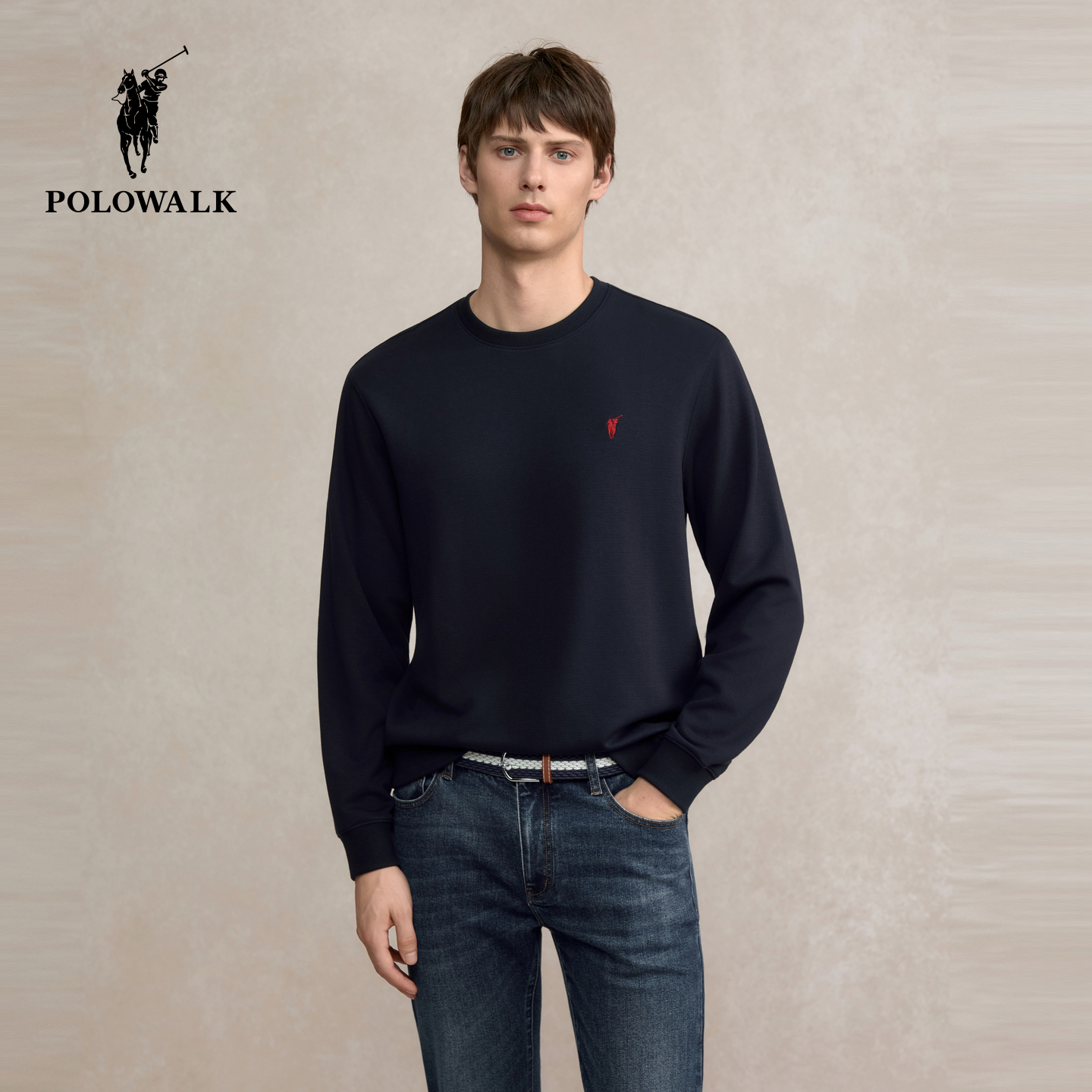 POLOWALK男式长袖T恤2025秋季新品简约圆领休闲上衣百搭打底衫