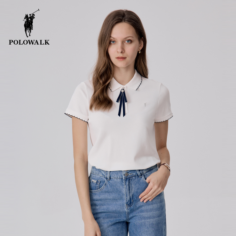 POLOWALK领结短袖POLO衫女夏装时尚T恤百搭通勤翻领上衣