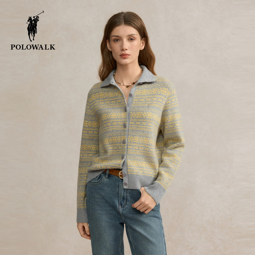 POLOWALK女式长袖针织衫2025冬季新品时尚撞色提花显瘦针织开衫