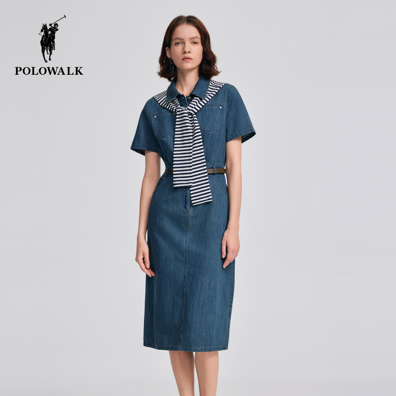 POLOWALK女装2025夏季新品女式短袖连衣裙披肩款短袖牛仔连衣裙