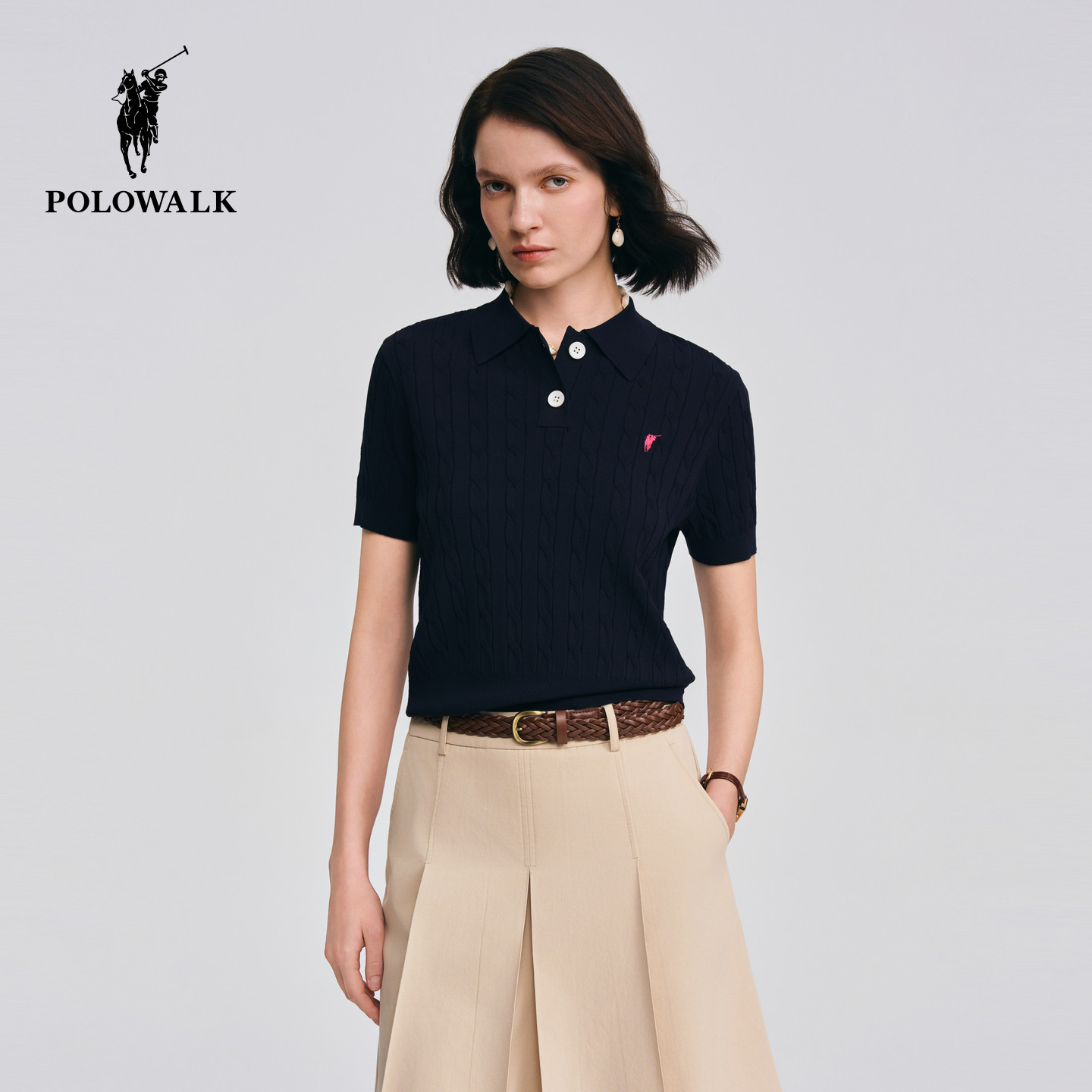 POLOWALK女式短袖针织衫2026春季新品翻领绞花套头针织短袖上衣