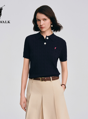 POLOWALK女式短袖针织衫2026春季新品翻领绞花套头针织短袖上衣