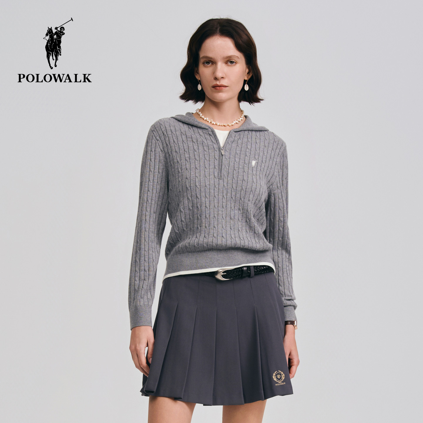 POLOWALK女式长袖针织衫2026春季新品休闲连帽绞花显瘦套