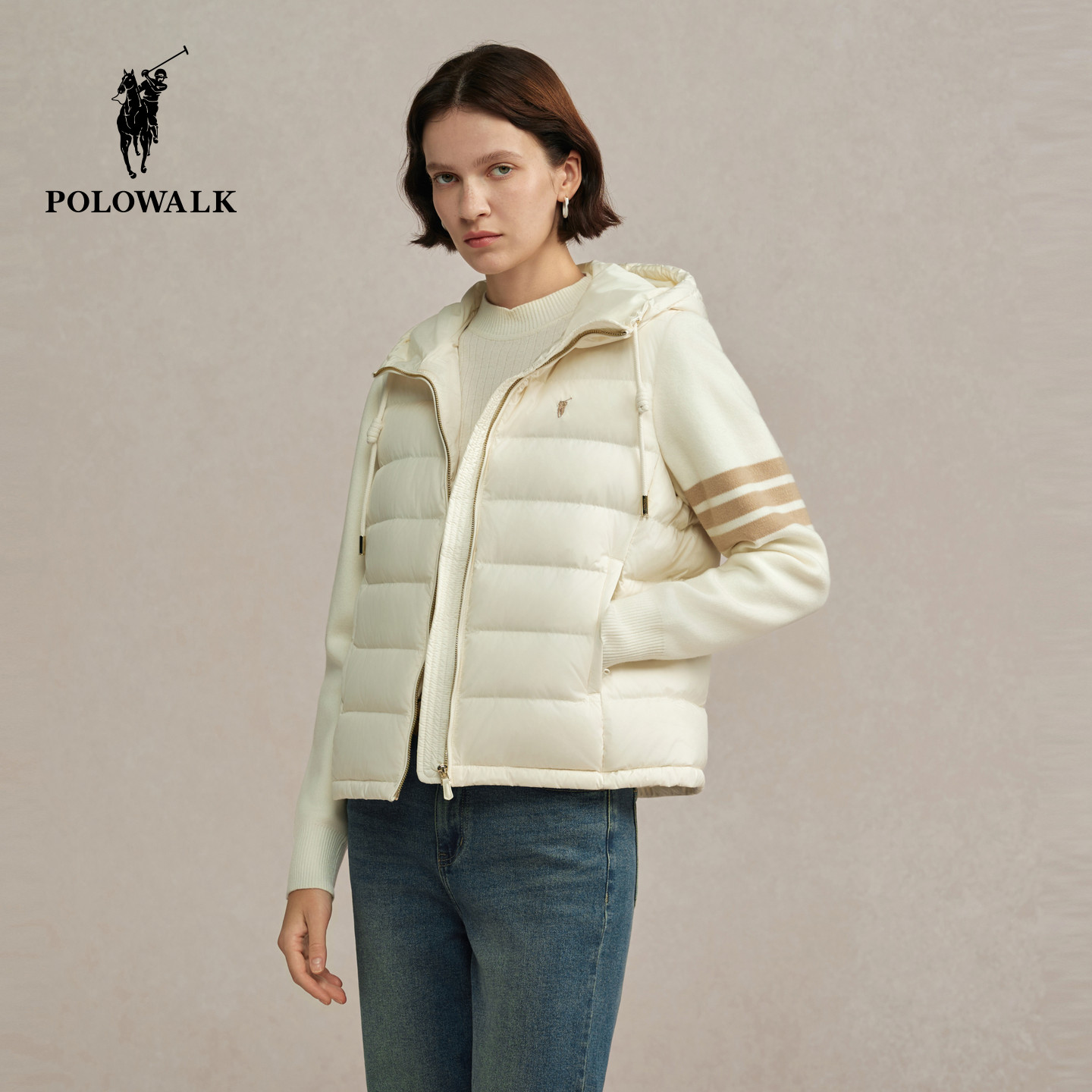 POLOWALK女式羽绒服2026冬季新品90鸭绒百搭通勤拼接连帽羽绒外套