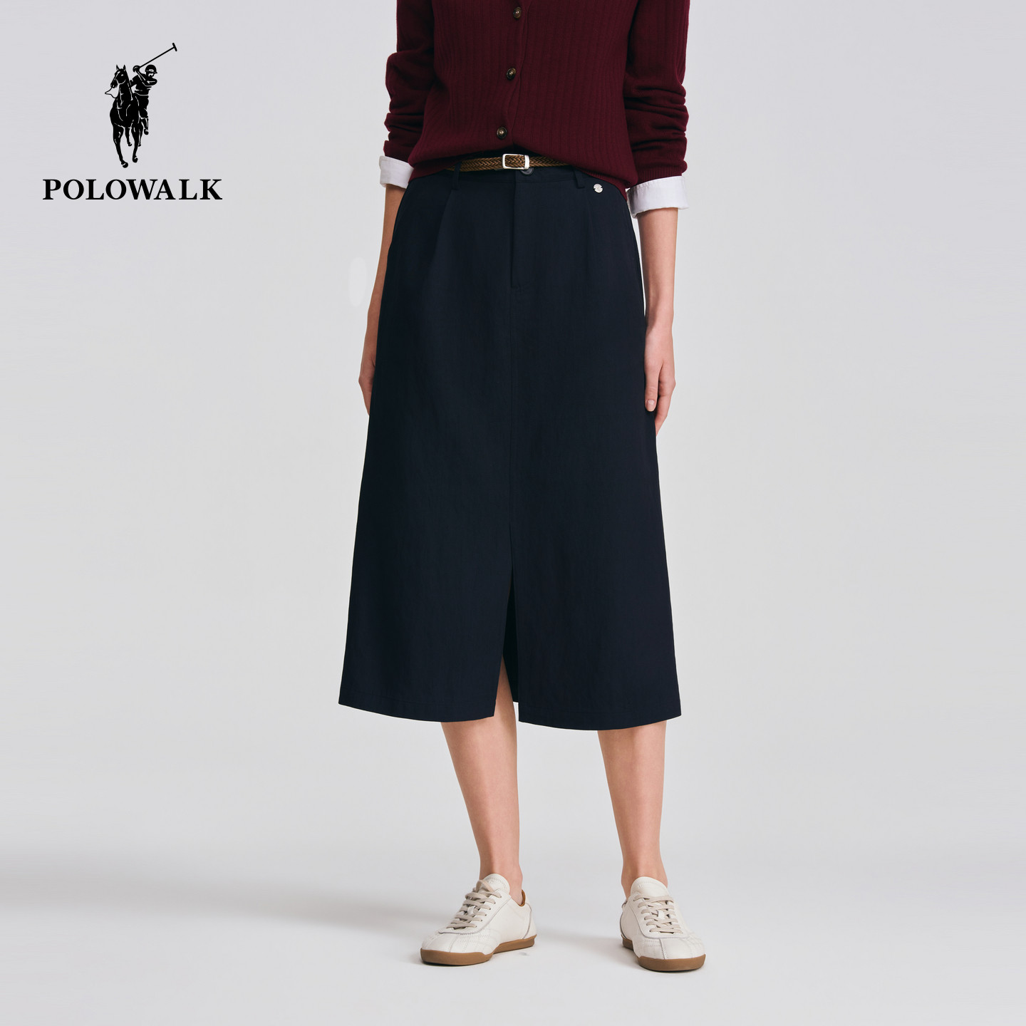 POLOWALK女式半裙2026春夏裤新品经典直筒编织腰带开衩中长半身裙