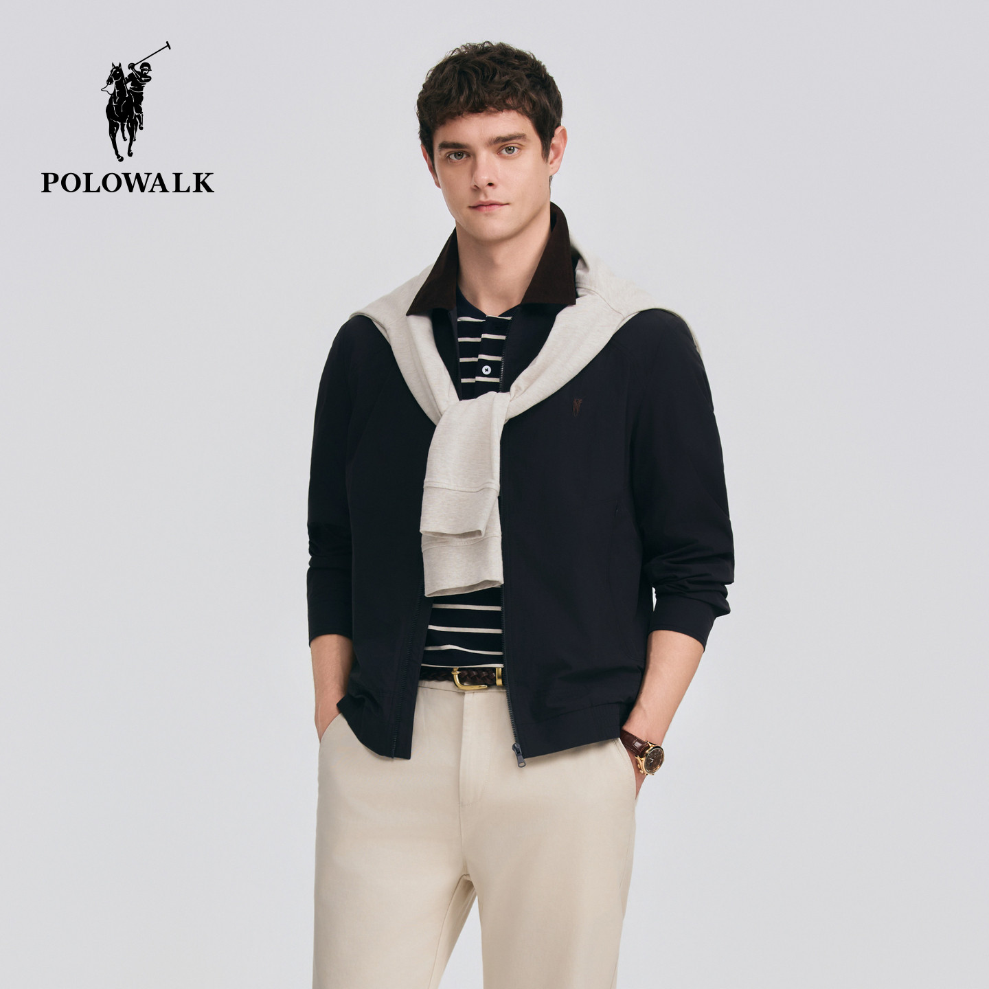 POLOWALK男式外套2026春季新品男装复古翻领商务休闲夹克拉链外套