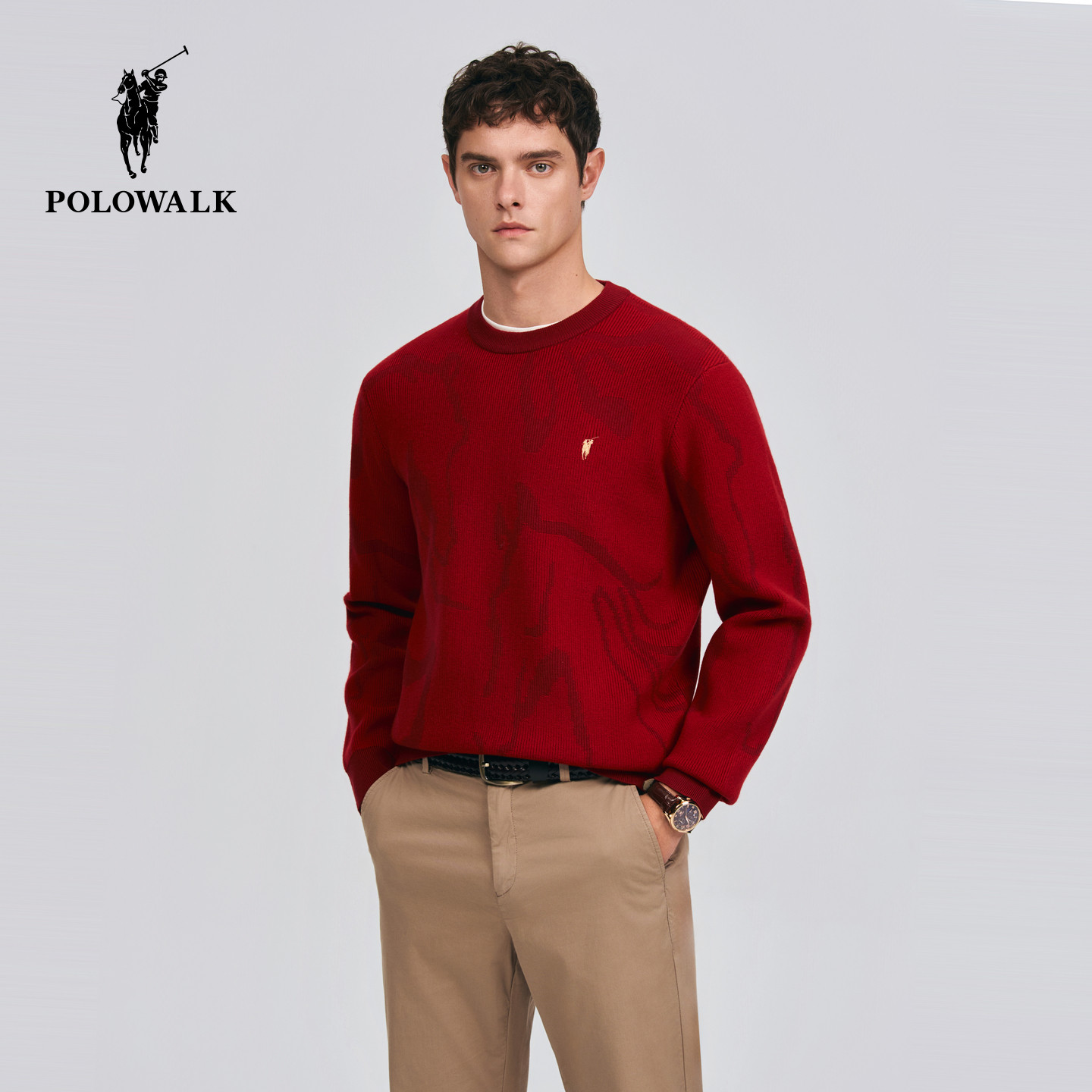 【新年款】POLOWALK男式针织衫2026春季新品圆领提花红色针织衫男,男装,针织衫/毛衣,淘宝优惠券,粉丝福利购,淘宝优惠卷