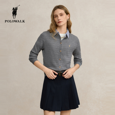 【含绵羊毛】POLOWALK女式长袖针织衫2025秋季新品显瘦绞花开衫女