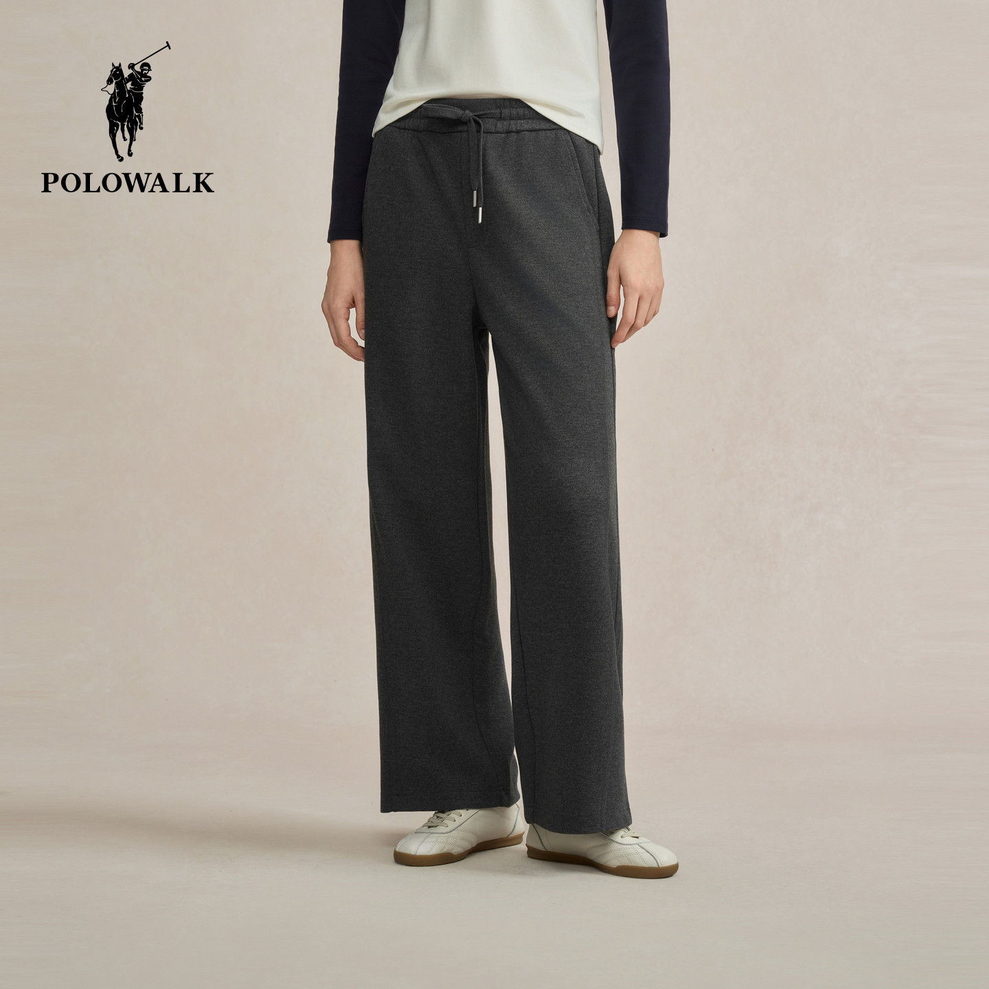 POLOWALK女式针织裤2025秋冬裤新品百搭显瘦松紧腰直筒阔