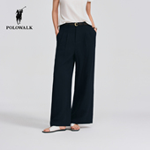 休闲裤 2026春夏裤 新品 POLOWALK女式 亚麻混纺编织腰带阔腿休闲长裤
