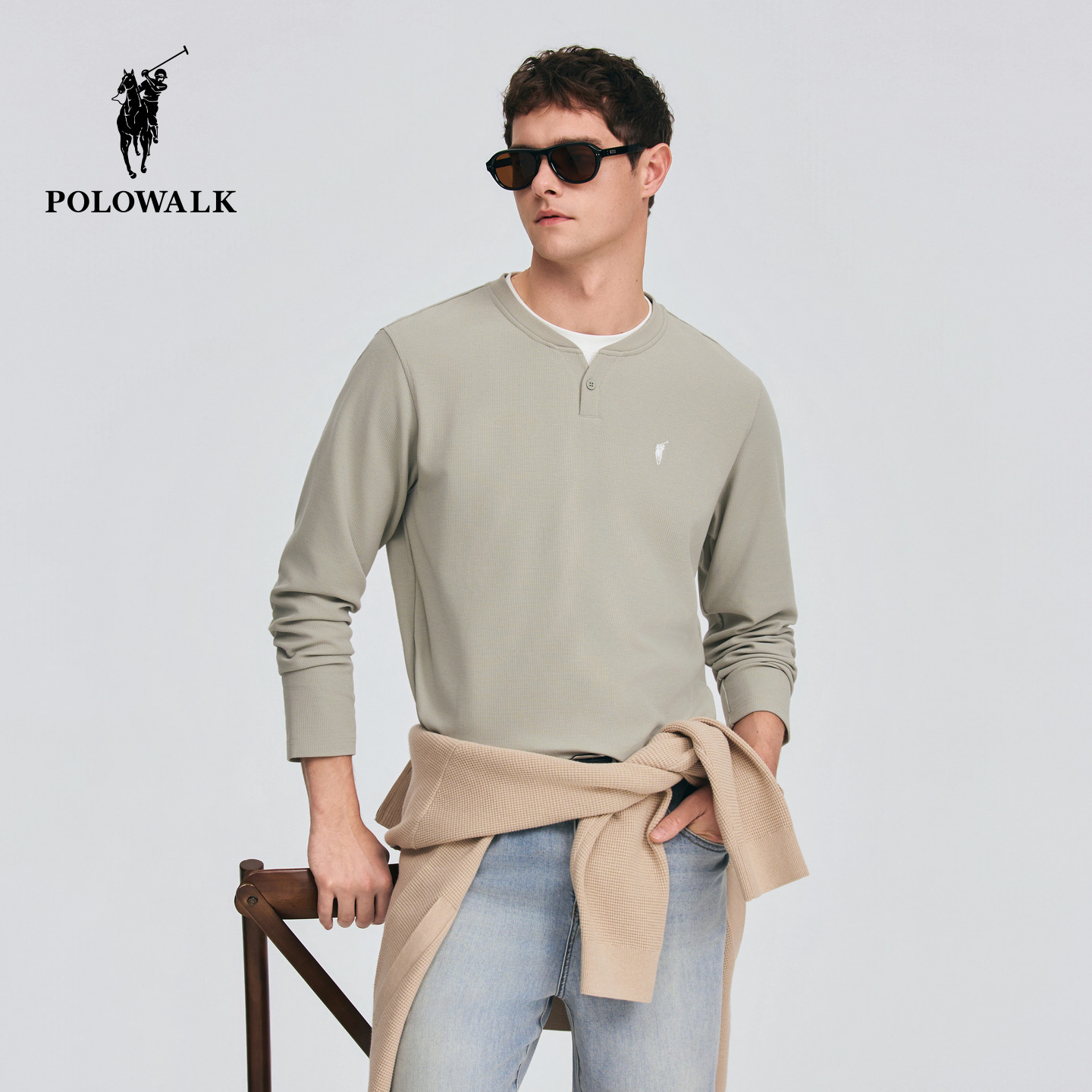 POLOWALK男式长袖T恤2026春季新品撞色双层亨利领长袖套头上衣