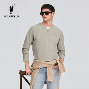 POLOWALK男式长袖T恤2026春季新品撞色双层亨利领长袖套头上衣