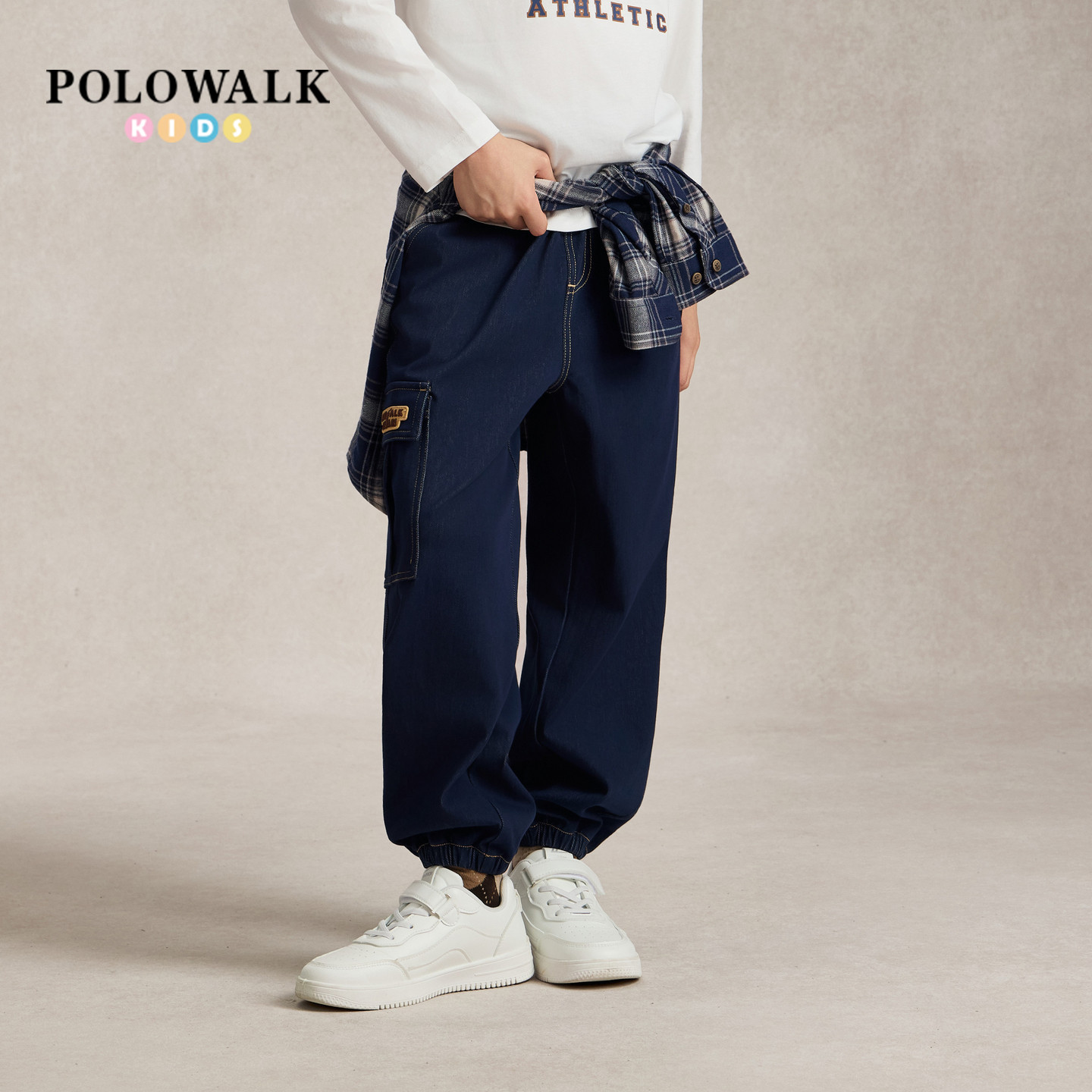 POLOWALK童装男童牛仔裤2026秋季新品深牛仔蓝百搭休闲束脚长裤图片