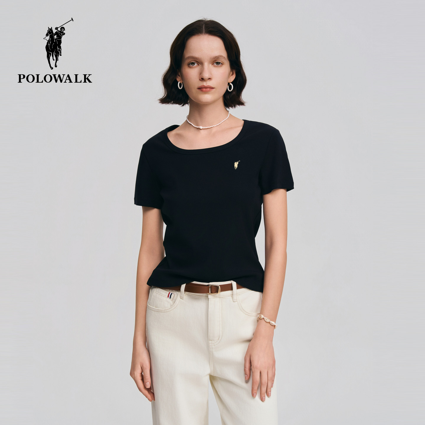 POLOWALK简约方领短袖T恤图片