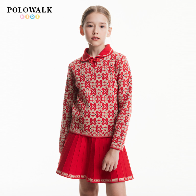 POLOWALK童装女童长袖长袖套装2025秋冬新款新年红色毛衣半裙套装