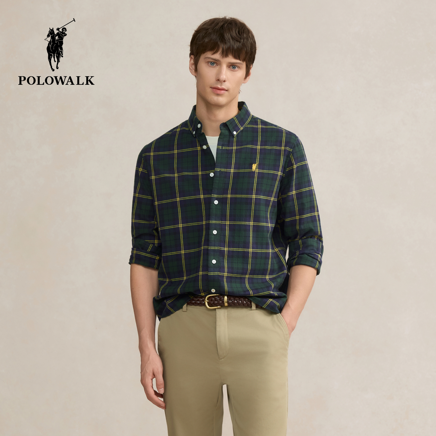 【100%纯棉】POLOWALK男装长袖衬衫2025秋季新品格纹翻领衬衣男式