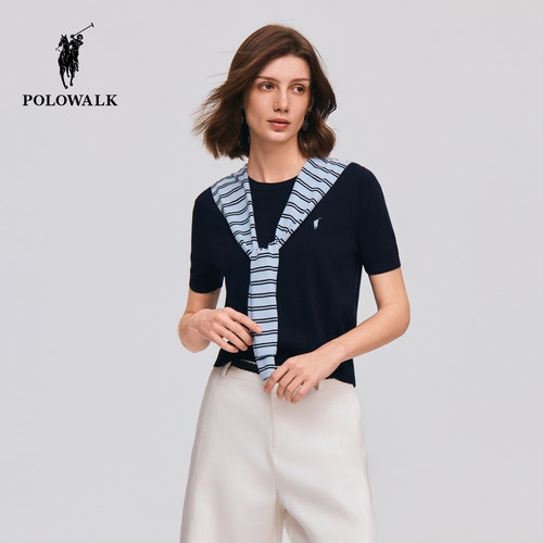POLOWALK女式短袖针织衫2026夏季新品披肩慵懒风条纹显瘦短袖上衣