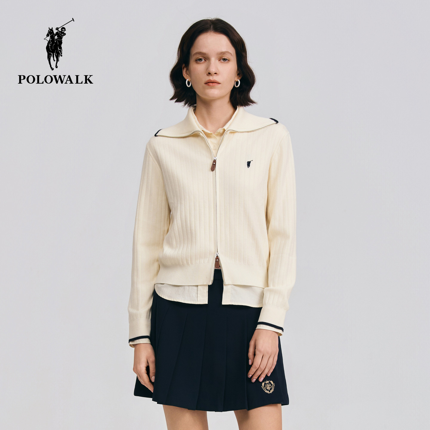 POLOWALK女士长袖针织衫2026秋季新品简约气质翻领休闲针织开衫