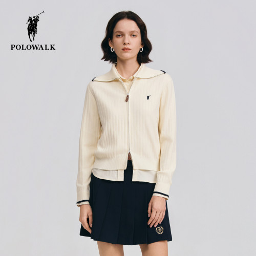 POLOWALK女士长袖针织衫2026春季新品简约气质翻领休闲针织开衫