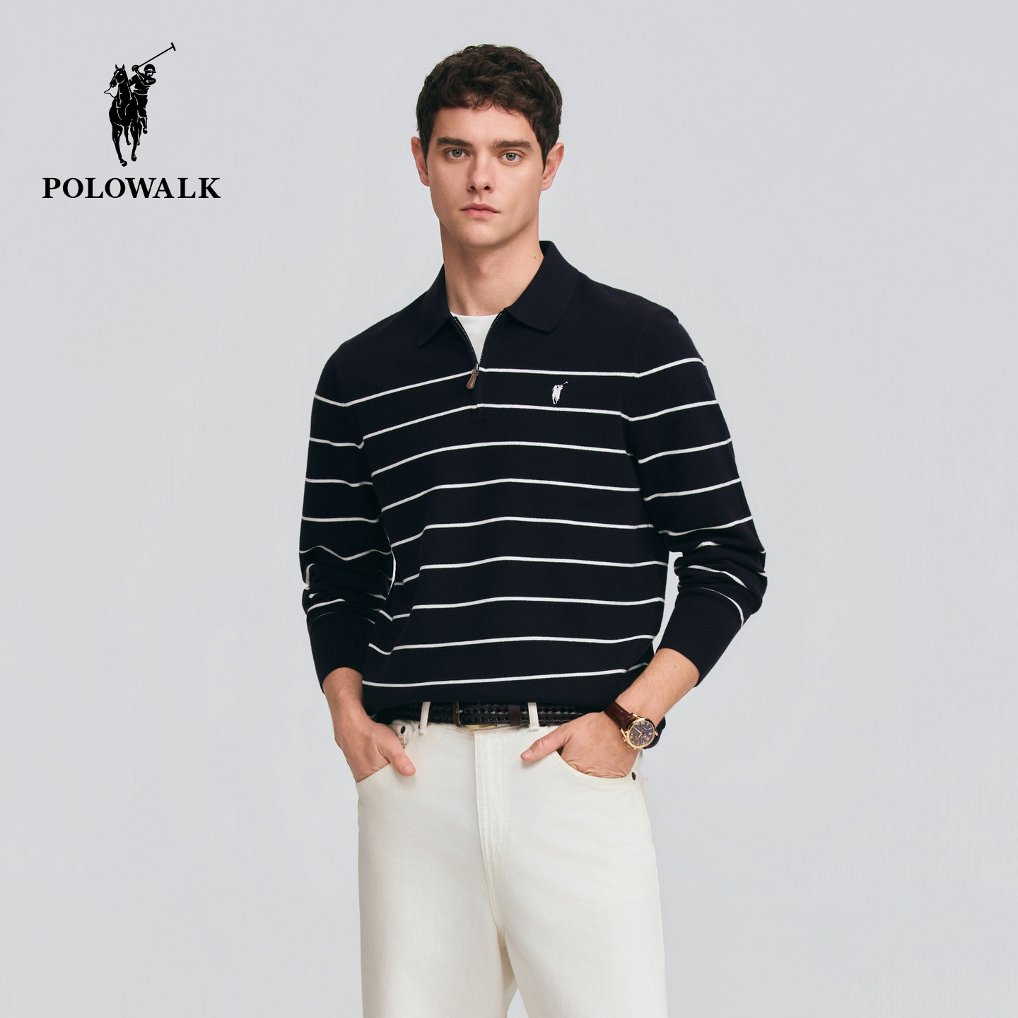 POLOWALK男式针织衫2026春季新品翻领假两件半拉链条纹针织上衣