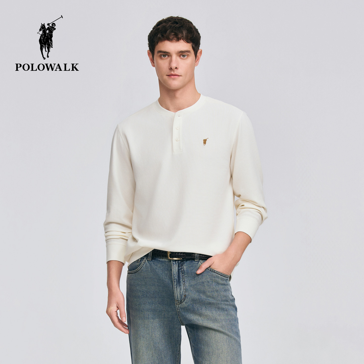 POLOWALK男式长袖T恤2026春季新品亨利领方格肌理套头休闲长袖T恤