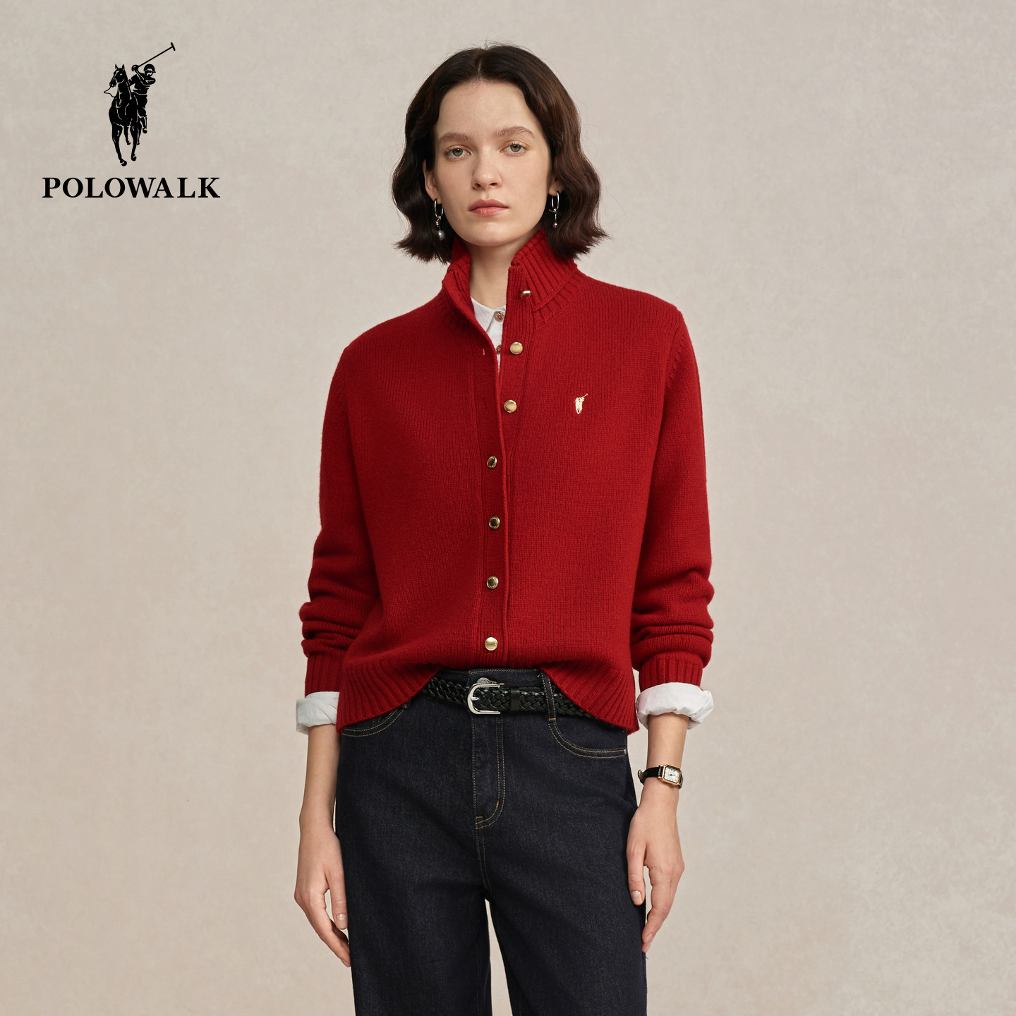 【100%绵羊毛】POLOWALK女式羊毛衫2025冬季新品新年红色羊毛开衫