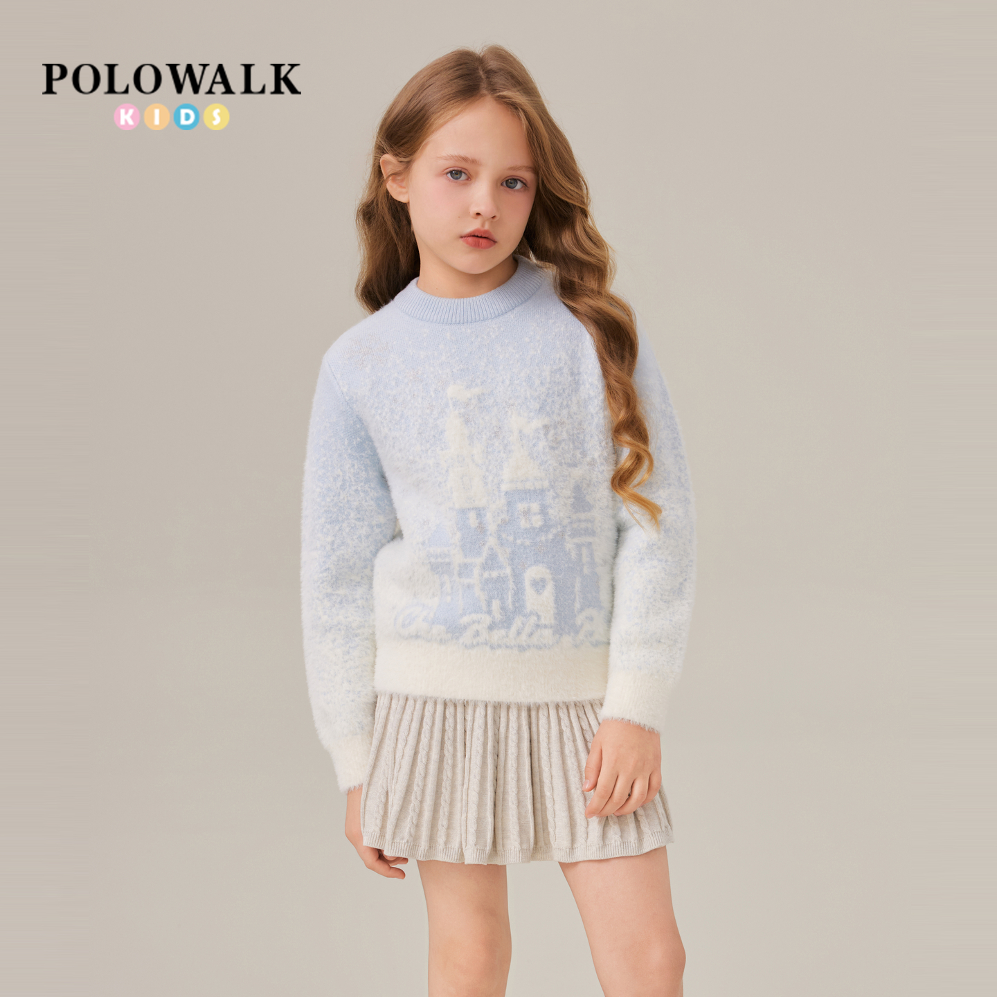 POLOWALK童装女童针织衫2025秋冬新品时尚提花圆领大童套头毛衣 - 封面