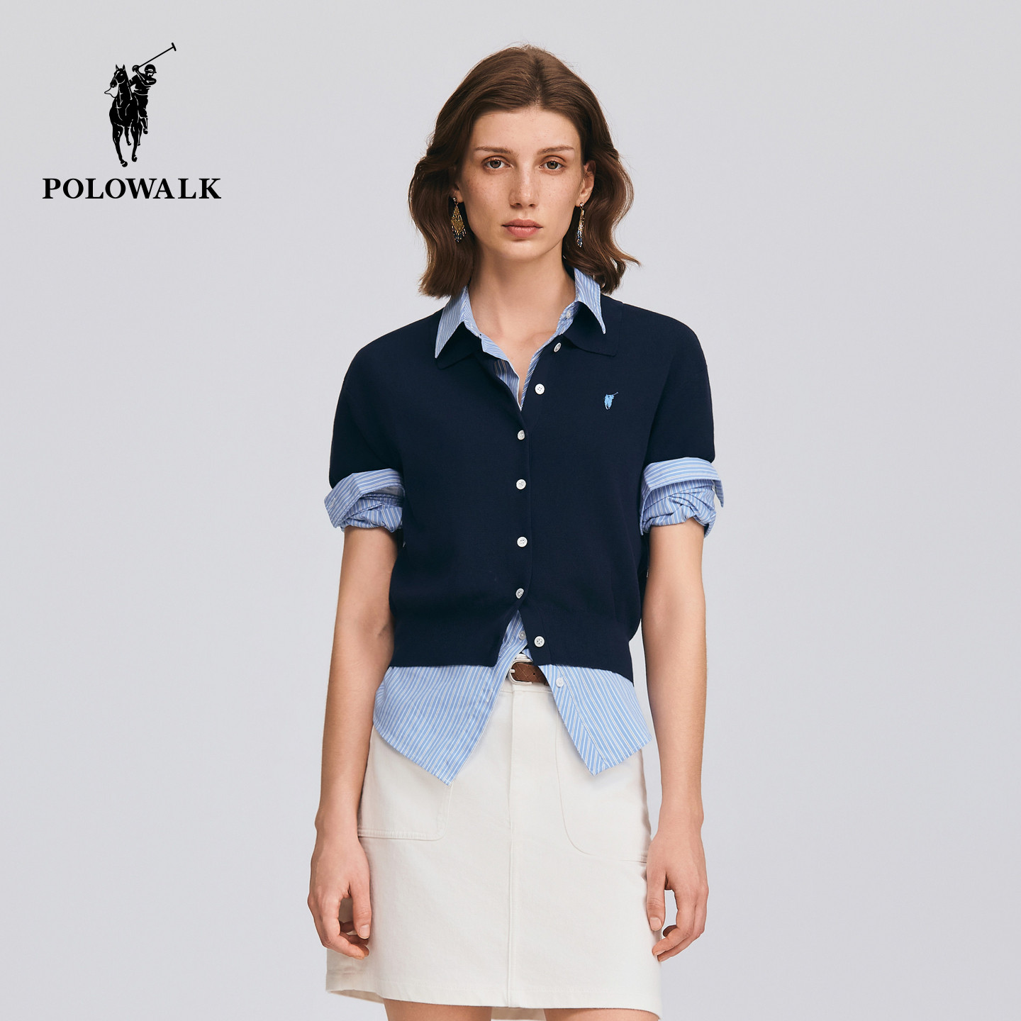 POLOWALK女式短袖针织衫2026夏季新品简约百搭通勤翻领针织开衫