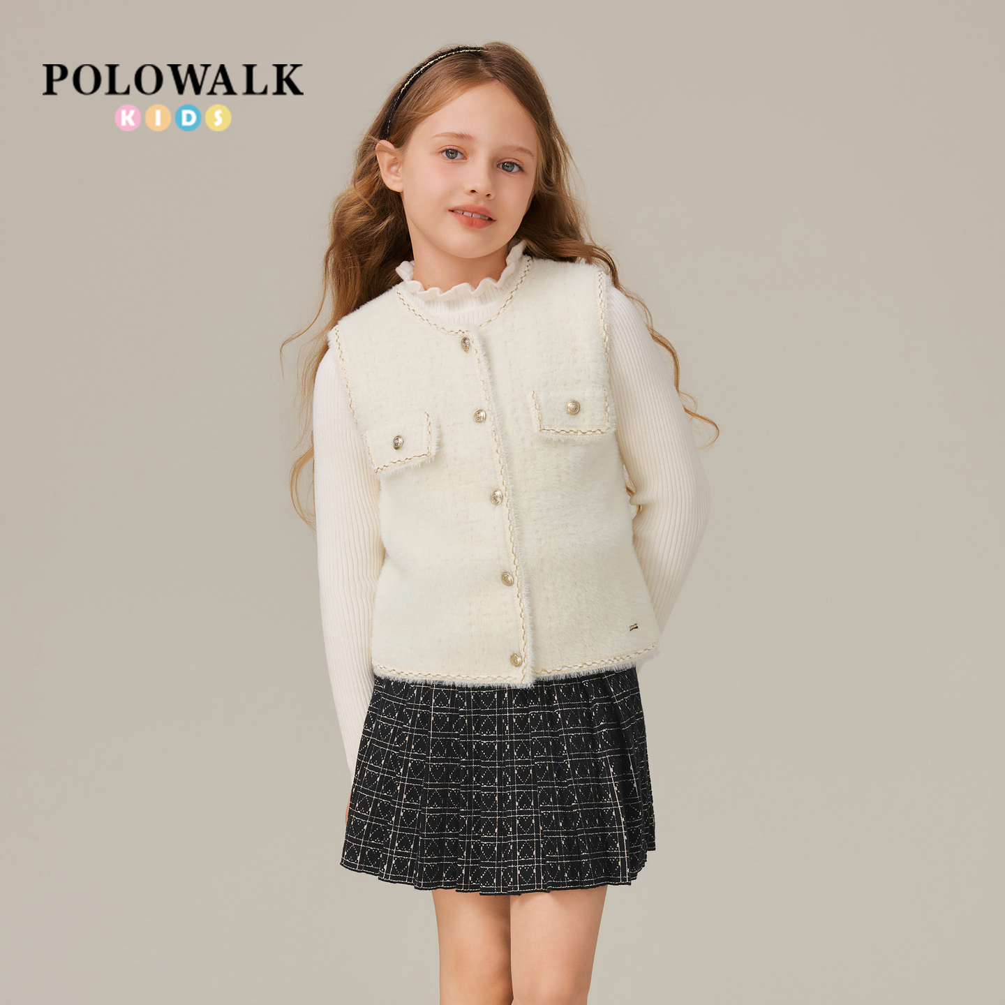 POLOWALK童装女童针织衫2025秋季新品时尚小香风马甲女童针织衫