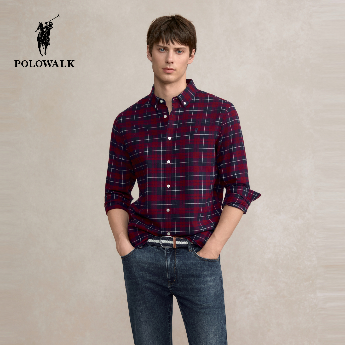 【100%纯棉】POLOWALK男式长袖衬衫2025秋季新品格纹休闲百搭上衣