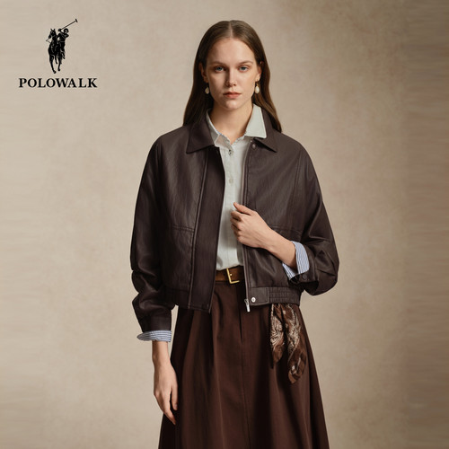 POLOWALK女式外套2026冬季新品美拉德风翻领复古拉链pu皮短外套