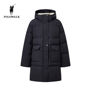 POLOWALK女式羽绒服2025冬季新品简约立领连帽90鸭绒中长款羽绒服