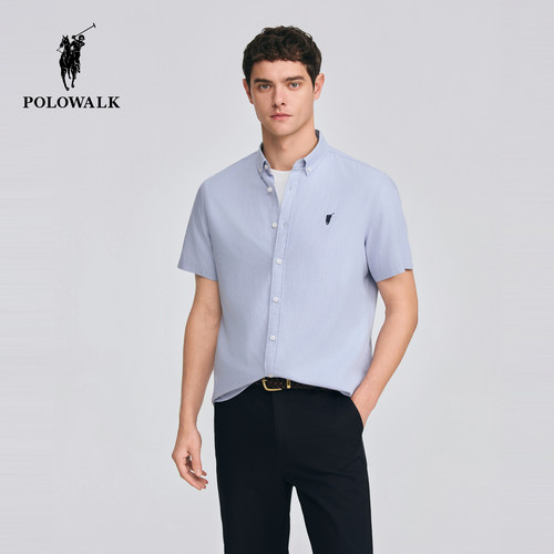 POLOWALK棉麻混纺纽扣领短袖衬衫
